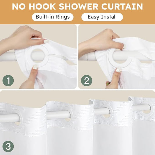 FADOTY White No Hook Shower Curtain Set with Snap in Liner, 71'' x 74'' | Bathroom Hotel Fabric Curtain, Waterproof Washable Liner, See Through Top Window, Ringless Chevron Tufted Cloth Curtain
