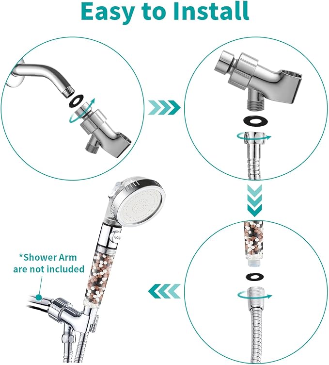 MIAOHUI Zenbody Shower Head with Filter Beads, Shut Off Button | 3 Modes Handheld Filtered Showerhead with On Off Switch, Shower Wand+Hose+Adjustable Bracket+Self-adhesive Holder