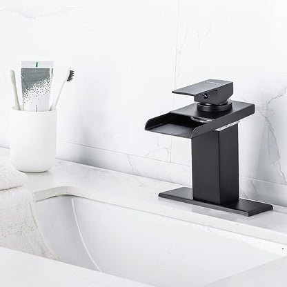 LED Bathroom Sink Faucet - Matte Black Single Hole or 4 Inch Centerset Waterfall Faucet with Stainless Steel Spout and Temperature-Sensitive LED Lights, Includes Deck Plate