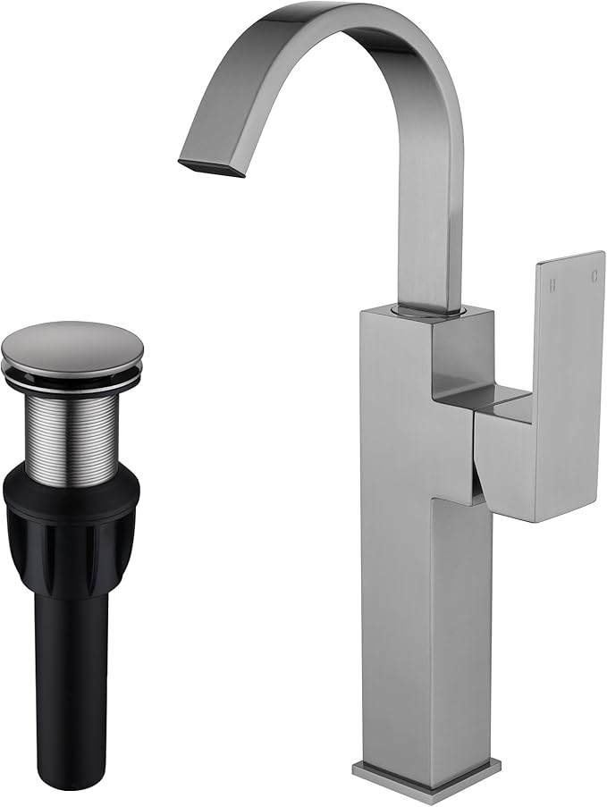 Brushed Nickel Single Handle Tall Bathroom Faucet，Vessel Sink Faucet Waterfall Bathroom Faucet Single Hole Lavatory Vanity Tap Single Hole Bar Sink Faucet with Pop Up Drain and Supply Lines,SL50044BN