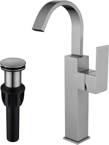 Brushed Nickel Single Handle Tall Bathroom Faucet，Vessel Sink Faucet Waterfall Bathroom Faucet Single Hole Lavatory Vanity Tap Single Hole Bar Sink Faucet with Pop Up Drain and Supply Lines,SL50044BN