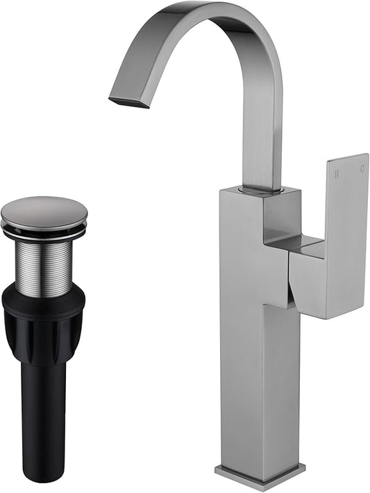 Brushed Nickel Single Handle Tall Bathroom Faucet，Vessel Sink Faucet Waterfall Bathroom Faucet Single Hole Lavatory Vanity Tap Single Hole Bar Sink Faucet with Pop Up Drain and Supply Lines,SL50044BN