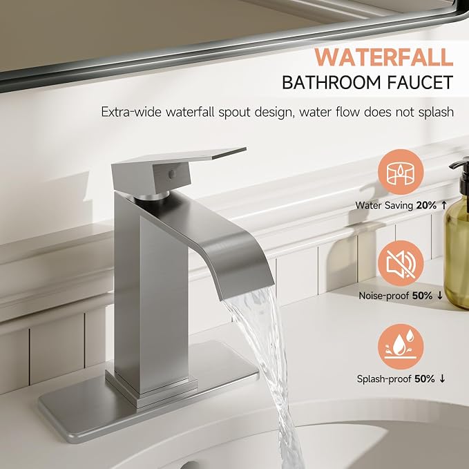 Brushed Nickel Bathroom Faucets Evolvegoods Modern Waterfall Faucet | Single Handle 1 or 3 Hole Bathroom Sink Faucet RV Mixer Tap Vanity Faucet with Deck Plate Pop-up Drain and Supply Lines