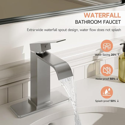 Brushed Nickel Bathroom Faucets Evolvegoods Modern Waterfall Faucet | Single Handle 1 or 3 Hole Bathroom Sink Faucet RV Mixer Tap Vanity Faucet with Deck Plate Pop-up Drain and Supply Lines