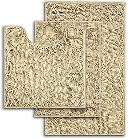 RUN HELIX Beige Bathroom Rugs Ultra Soft Rugs and Mats Set 3 Pieces Bath Rug Set Thick Chenille Bath Rugs Non Slip Bath Mats for Bedroom