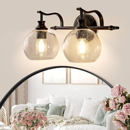 2 Light Bathroom Vanity Light, Matte Black Bathroom Light Fixtures, Modern Wall Sconce with Clear Globe Glass Shade, Farmhouse Wall Lamp for Bathroom, Living Room, Hallway, Cabinet, Porch