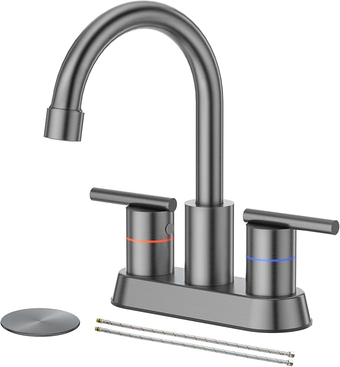 Faustina Gery Bathroom Faucet, 4 Inch Centerset Faucet for Sink 2 Holes 3 Holes，Two Handles 304 Stainless Steel with Pup up Drain Assembly and 2 Water Supply Lines for RV Vanity
