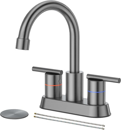Faustina Gery Bathroom Faucet, 4 Inch Centerset Faucet for Sink 2 Holes 3 Holes，Two Handles 304 Stainless Steel with Pup up Drain Assembly and 2 Water Supply Lines for RV Vanity