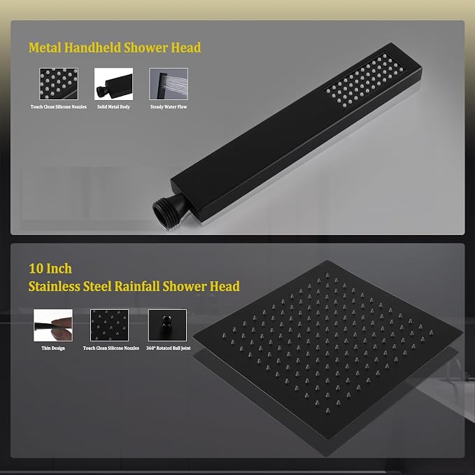 All Metal 12" Rainfall Shower Head with Handheld Spray Combo, High Pressure Rain Shower Heads with Adjustable Extension Arm, Wide Dual Waterfall Showerhead, Extra Long Shower Hose - Matte Black