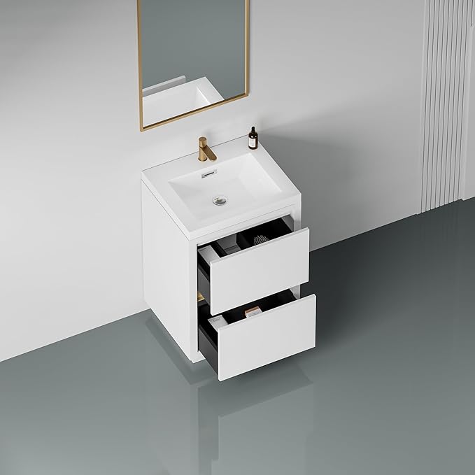 24 Inch Bathroom Vanity with Sink, Single Sink Bathroom Vanity, Freestanding Vanity Bathroom Soft Closed 2 Drawers, Integrated Sink (Glossy White)