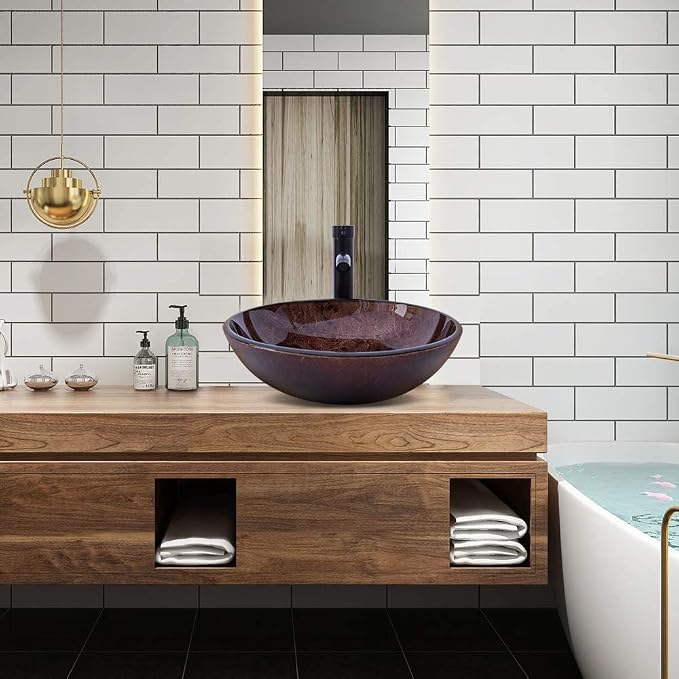 Bathroom Vessel Sink 16.5" Vessel Sinks Tempered Glass Brown Art Basin Round Bowl with Faucet Combo Brown,Countertop Bowl Sink for Lavatory Vanity Cabinet
