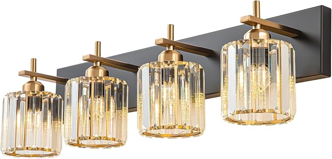 Black Gold Crystal Bathroom Vanity Light, Modern 4-Lights Bathroom Light Fixtures Over Mirror, Crystal Wall Lighting with Polished Gold Finish