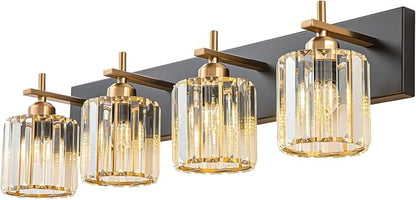 Black Gold Crystal Bathroom Vanity Light, Modern 4-Lights Bathroom Light Fixtures Over Mirror, Crystal Wall Lighting with Polished Gold Finish