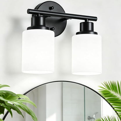 2-Light Vanity Lights, Black Bathroom Light Fixture with Striped Textured Milky White Glass Shade, Modern Vanity Lighting Fixture for Bathroom Wall Light Over Mirror, E26 Wall Sconce