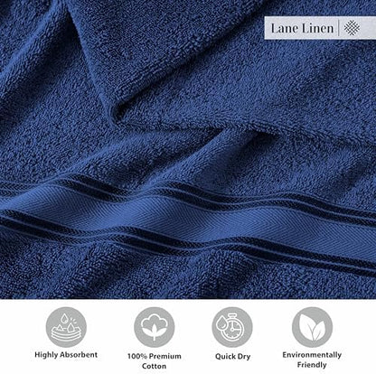 LANE LINEN Bath Towel Set Quick Dry 100% Cotton 3 Piece Soft - Navy