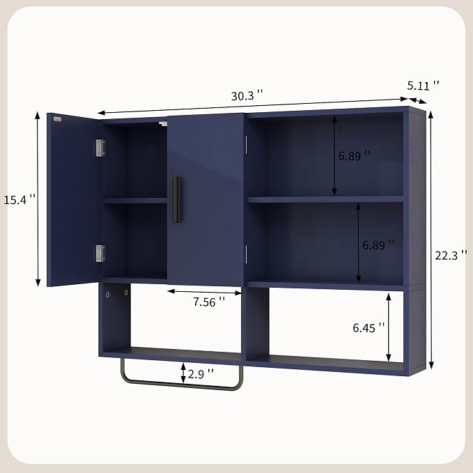 Bathroom Wall Cabinet with Towel Bar & 2 Doors, Blue | Wall mounted cabinet for bathroom, over the toilet storage with multiple compartments organize toiletries, cosmetics
