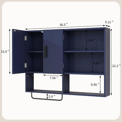 Bathroom Wall Cabinet with Towel Bar & 2 Doors, Blue | Wall mounted cabinet for bathroom, over the toilet storage with multiple compartments organize toiletries, cosmetics