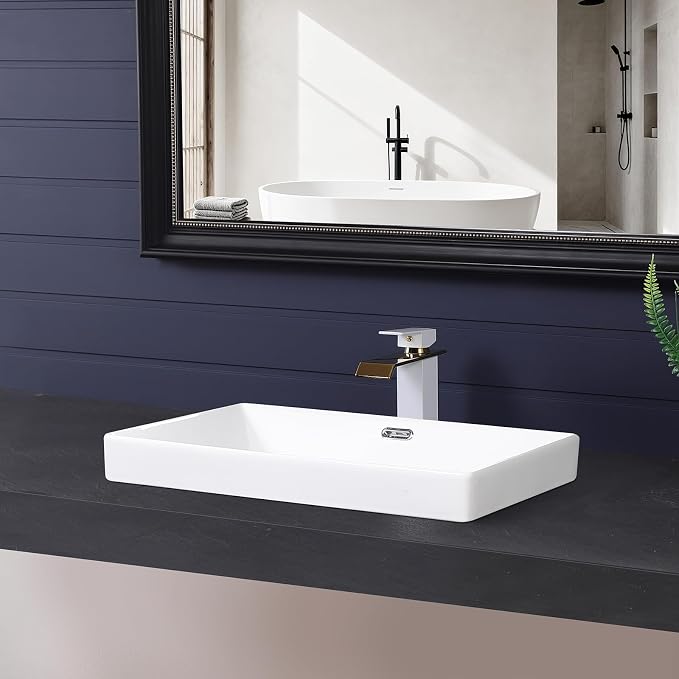 Semi Recessed Bathroom Sink 23"x15" Drop-in Vessel Sink White Porcelain Ceramic Modern Rectangular Sinks Basin Vanity Sinks with Overflow for Bathrooms