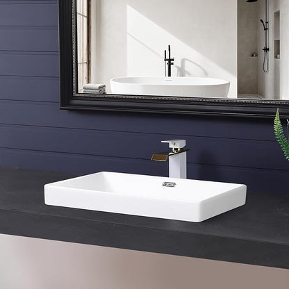 Semi Recessed Bathroom Sink 23"x15" Drop-in Vessel Sink White Porcelain Ceramic Modern Rectangular Sinks Basin Vanity Sinks with Overflow for Bathrooms