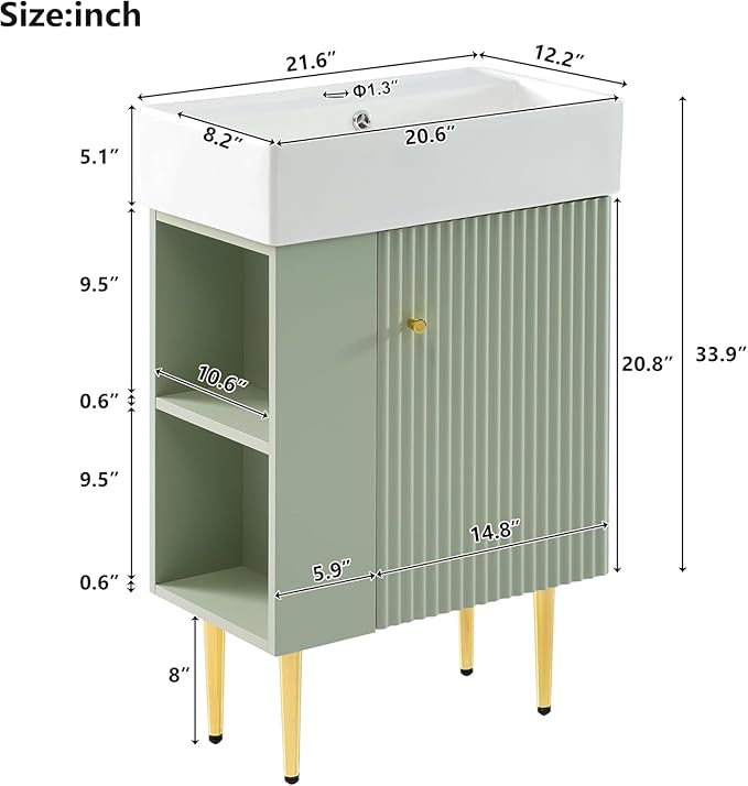 21.6 in Small Bathroom Vanity with Sink,Doors and Storage Shelves,Wood Modern Single Fluted Bathroom Sink Cabinet Freestanding (Green,Left Shelf)
