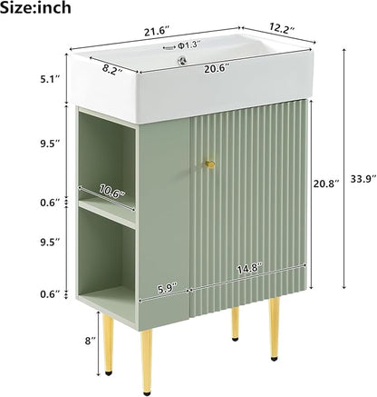 21.6 in Small Bathroom Vanity with Sink,Doors and Storage Shelves,Wood Modern Single Fluted Bathroom Sink Cabinet Freestanding (Green,Left Shelf)