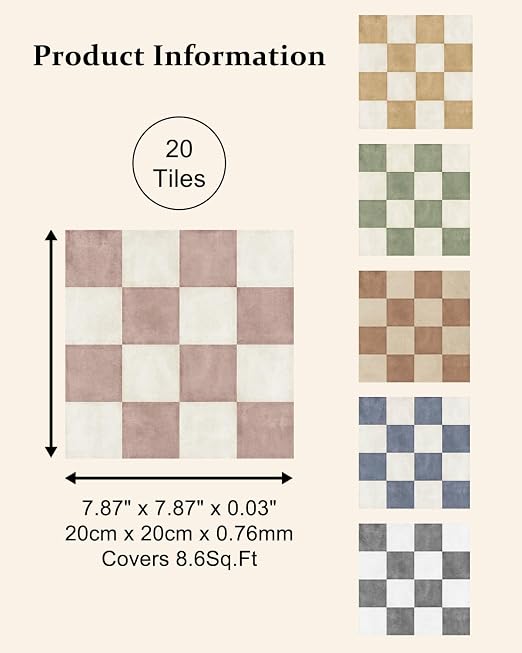 Peel and Stick Floor Tile, Checkered Vinyl Flooring Waterproof, Snap-Proof DIY Flooring Tiles for Bathroom, Kitchen, Fireplace, Wall, Backsplash, No Residue, 20 Tiles-7.87" Thin Version, Pink
