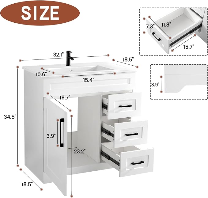 30" White Bathroom Vanity with Integrated Sink Top | Plywood Construction, Soft-Close Doors &Drawers,Modern Shaker Style