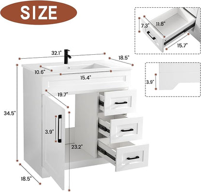 30" White Bathroom Vanity with Integrated Sink Top | Plywood Construction, Soft-Close Doors &Drawers,Modern Shaker Style