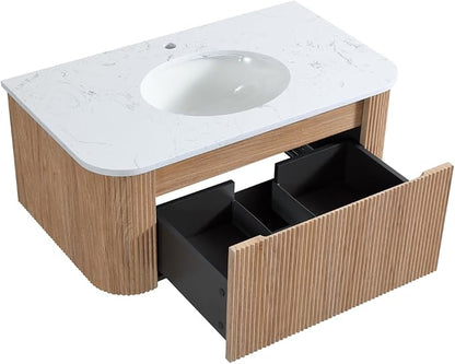 36 Inch Wall Mounted Bathroom Vanity with Ceramic Sink, Pre-Assembled Floating Vanity Cabinet with Cararra Artificial Countertop, Wave Texture Finish & Drawer, Wood