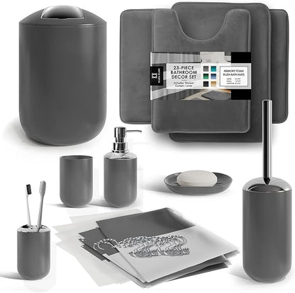 Clara Clark Bathroom Set - Gray Bathroom Accessories Set, Bathroom Sets with Shower Curtain and Rugs, 23PC Shower Curtain Set with Liner, Soap Dispenser, Soap Dish, Toilet Brush Holder, and Trash Can