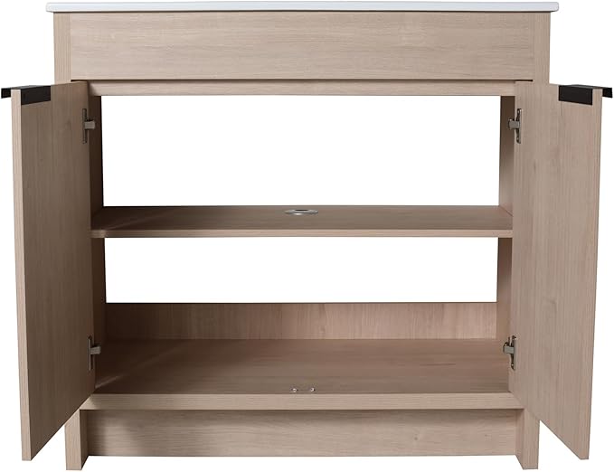 SSLine 36-Inch Bathroom Vanity with Sink Mid-Century Bathroom Vanities with Top Basin Floor Wood Bathroom Sink Cabinet with Soft-Close Doors & Adjustable Storage Shelves (Light Oak)