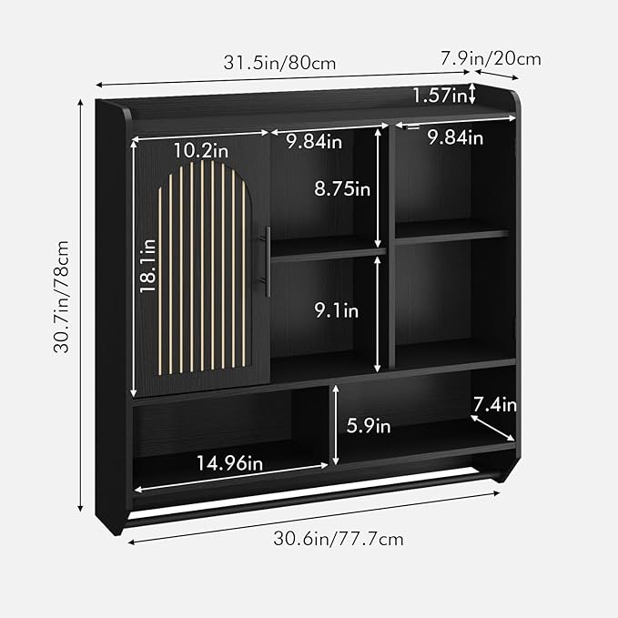 RUSTOWN Fluted Bathroom Wall Cabinet, Mid-Century Modern Medicine Cabinet with Adjustable Shelves & Towel Bar,3-Tier Wall Mounted Cabinets, Over The Toilet Storage Cabinets for Bathroom, Rustic Black