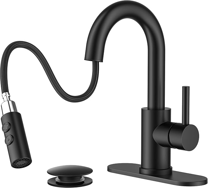 FORIOUS Bathroom Faucet 1 Hole Single Handle with Pull Down Sprayer Black | with 6-inch Deck Plate for 1 or 3 hole(4-inch centerset) Setup, Swivel Sink Faucet for RV Bar Laundry Vanity Utility