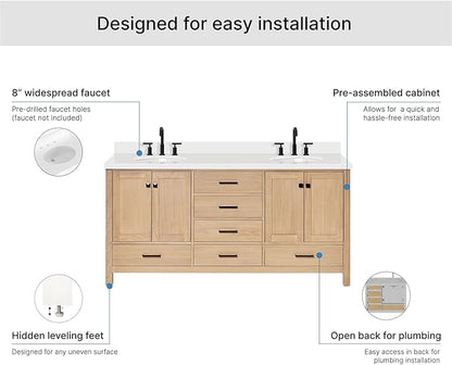 ARIEL Cambridge 72-inch Bathroom Vanity with Sink,Solid Wood, 1.5-inch Pure White Quartz Countertop & Backsplash, Double Oval Porcelain Sink, 4 Soft Closing Doors, 6 Dovetail Drawers, White Oak