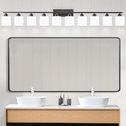 10 Light Black Vanity Lights for Giant Mirror, Bathroom Vanity Lights Over Mirror with Milky White Frosted Glass Shades,65 inch Bathroom Light Fixture for Mirrors, E26