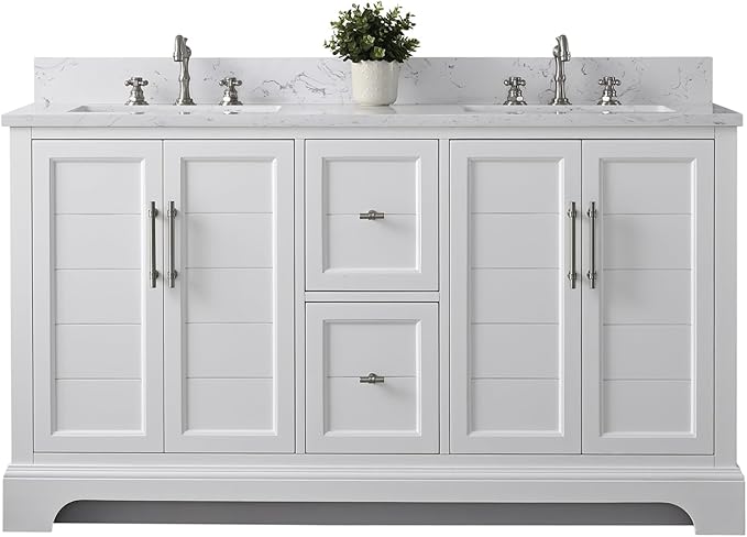 HOMEBEYOND 60 Inch Bathroom Vanity with Double Sink & Ceramic Top, Vanity Cabinet with Center Countertop Basin, Soft-Closing Doors, Backsplash,White