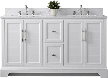HOMEBEYOND 60 Inch Bathroom Vanity with Double Sink & Ceramic Top, Vanity Cabinet with Center Countertop Basin, Soft-Closing Doors, Backsplash,White