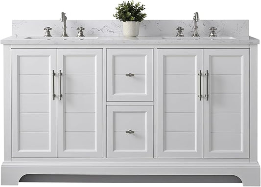 HOMEBEYOND 60 Inch Bathroom Vanity with Double Sink & Ceramic Top, Vanity Cabinet with Center Countertop Basin, Soft-Closing Doors, Backsplash,White