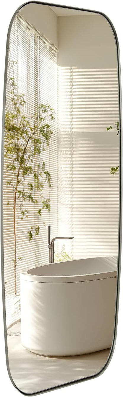 18x48 Full Length Wall Mirror, Brushed Nickel Oblong Shaped Body Mirror with Stainless Steel Metal Frame, Rounded Corner Design for Floor and Leaning