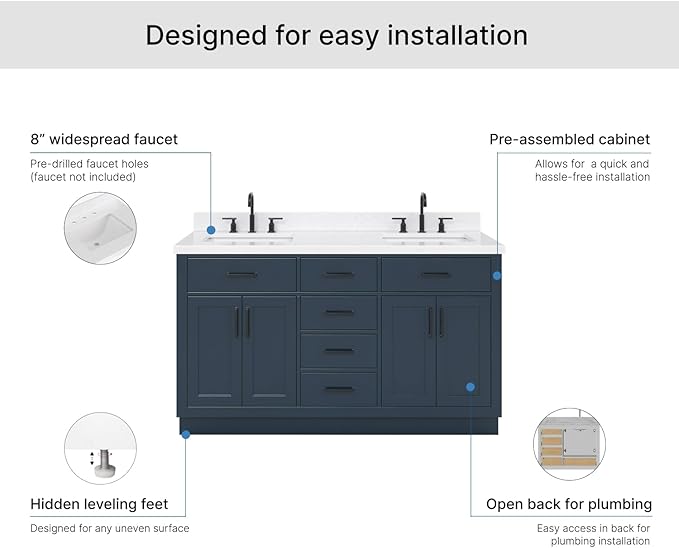 ARIEL Hepburn 60-inch Bathroom Vanity with Sink,Solid Wood, 1.5-inch Carrara White Quartz Countertop, Double Rectangular Porcelain Sink, 4 Soft Closing Doors, 6 Dovetail Drawers, Midnight Blue