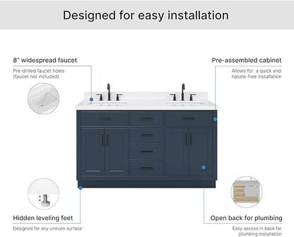 ARIEL Hepburn 60-inch Bathroom Vanity with Sink,Solid Wood, 1.5-inch Carrara White Quartz Countertop, Double Rectangular Porcelain Sink, 4 Soft Closing Doors, 6 Dovetail Drawers, Midnight Blue