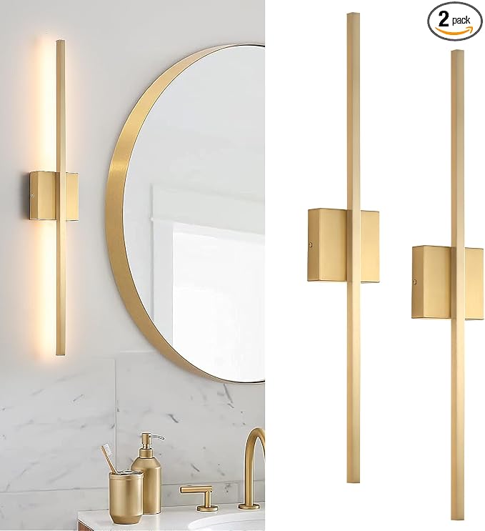 Gold Wall Sconces Set of Two LED Hardwired Dimmable Bedroom | Wall Sconce,Gold Wall Sconce for Bathroom, Living Room, Bedroom, Hardwired 3000K 28 Inch (2 Pack)
