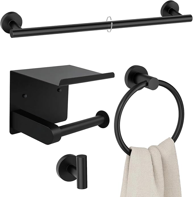 4-Pieces Wall Mount Bathroom Hardware Set,23.6 Inch Towel Bar,Matte Black | Stainless Steel Bathroom Accessories Set,Waterproof Towel Bar ,Toilet Paper Holder with Shelf,Towel Ring,Coat Hook,Rectangle