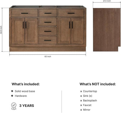 ARIEL Hepburn 60-inch Bathroom Vanity Base Cabinet,Solid Wood, 4 Soft Closing Doors, 6 Dovetail Drawers, Brown Oak
