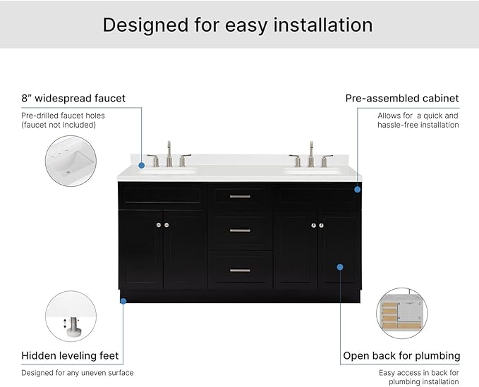 ARIEL Hamlet 66-inch Bathroom Vanity with Sink,Solid Wood, 1.5-inch Carrara White Quartz Countertop & Backsplash, Double Rectangular Porcelain Sink, 4 Soft Closing Doors, 3 Dovetail Drawers, Black