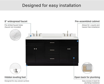 ARIEL Hamlet 66-inch Bathroom Vanity with Sink,Solid Wood, 1.5-inch Carrara White Quartz Countertop & Backsplash, Double Rectangular Porcelain Sink, 4 Soft Closing Doors, 3 Dovetail Drawers, Black
