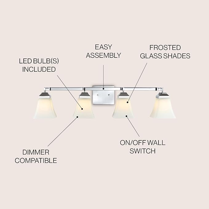 JONATHAN Y 33" Chrome Modern Cottage LED Vanity Light Wall Sconce, Farmhouse Wall Lamp for Bathroom Mirror Kitchen, White Glass Shade, LED Bulb Included (JYL7525B)