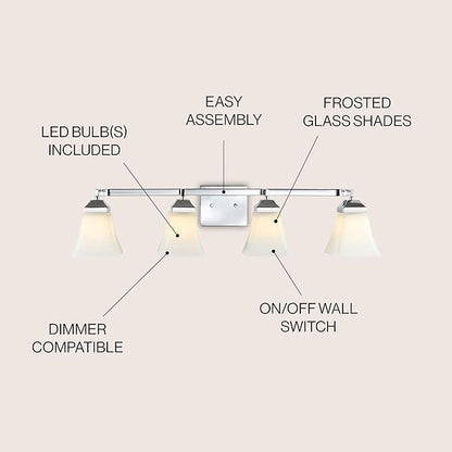 JONATHAN Y 33" Chrome Modern Cottage LED Vanity Light Wall Sconce, Farmhouse Wall Lamp for Bathroom Mirror Kitchen, White Glass Shade, LED Bulb Included (JYL7525B)