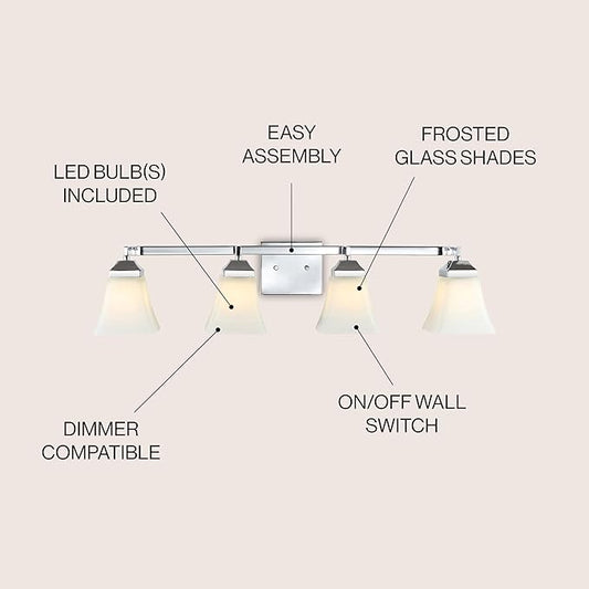 JONATHAN Y 33" Chrome Modern Cottage LED Vanity Light Wall Sconce, Farmhouse Wall Lamp for Bathroom Mirror Kitchen, White Glass Shade, LED Bulb Included (JYL7525B)