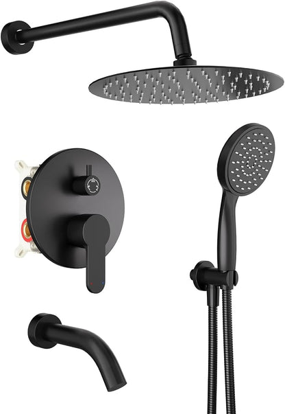 Matte Black Shower System with Tub Spout and 10-Inch Shower Head | All Metal Wall Mounted Bathroom Shower Faucet Set, High Pressure Shower Head and Handheld Combo Set Include valve and Trim